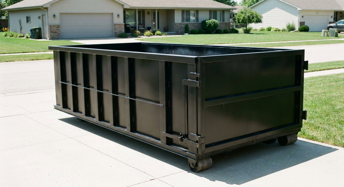 Matte-black 10-yard roll-off dumpster on a residential concrete driveway in Elgin, uniformly painted matte black across every panel and rail, ribbed steel sidewalls and rear swing door visible, mid-day daylight.