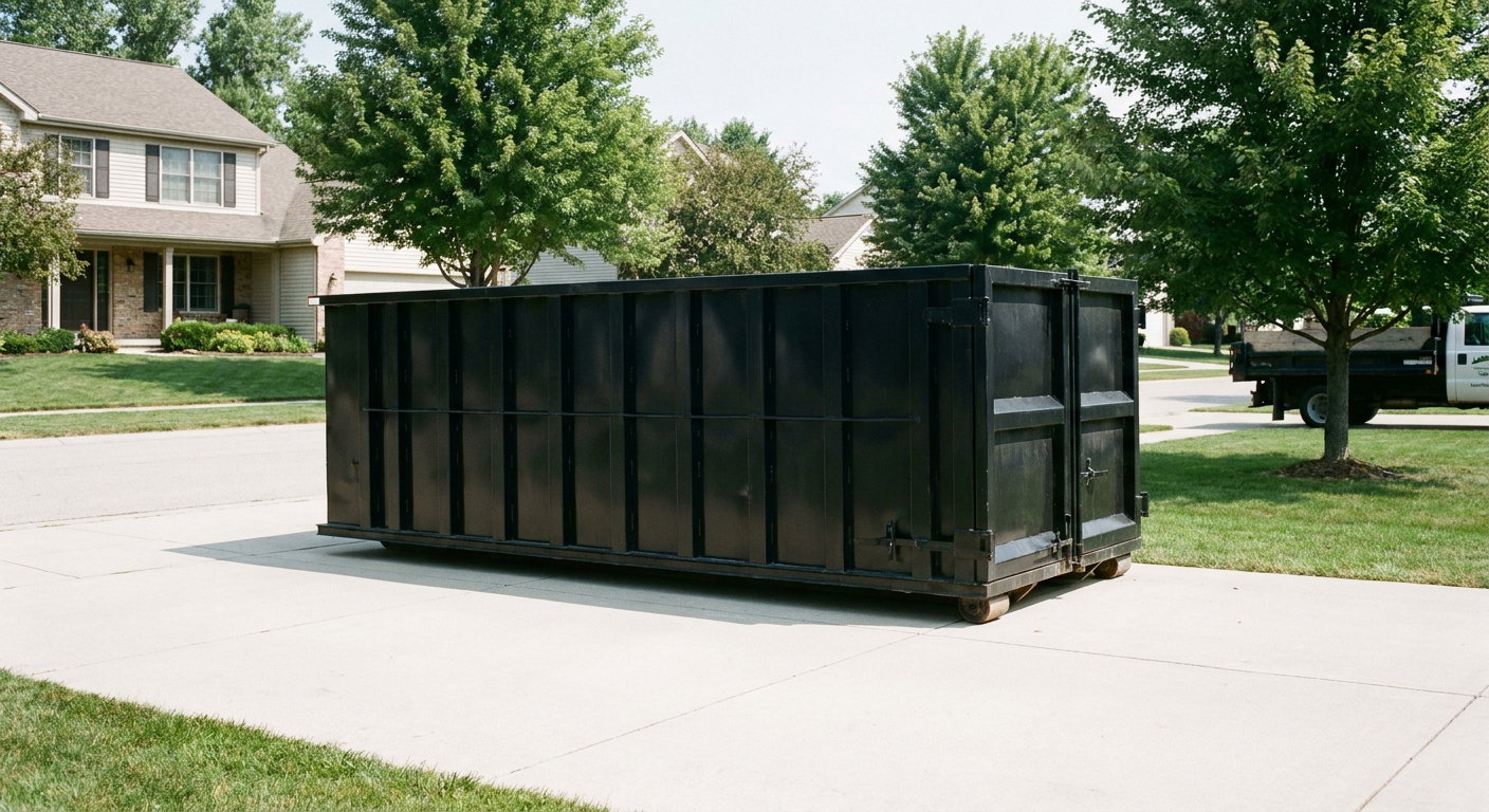 Matte-black 20-yard roll-off dumpster sitting level on a clean Elgin residential concrete driveway under bright daylight, demonstrating clean placement directly on the concrete.