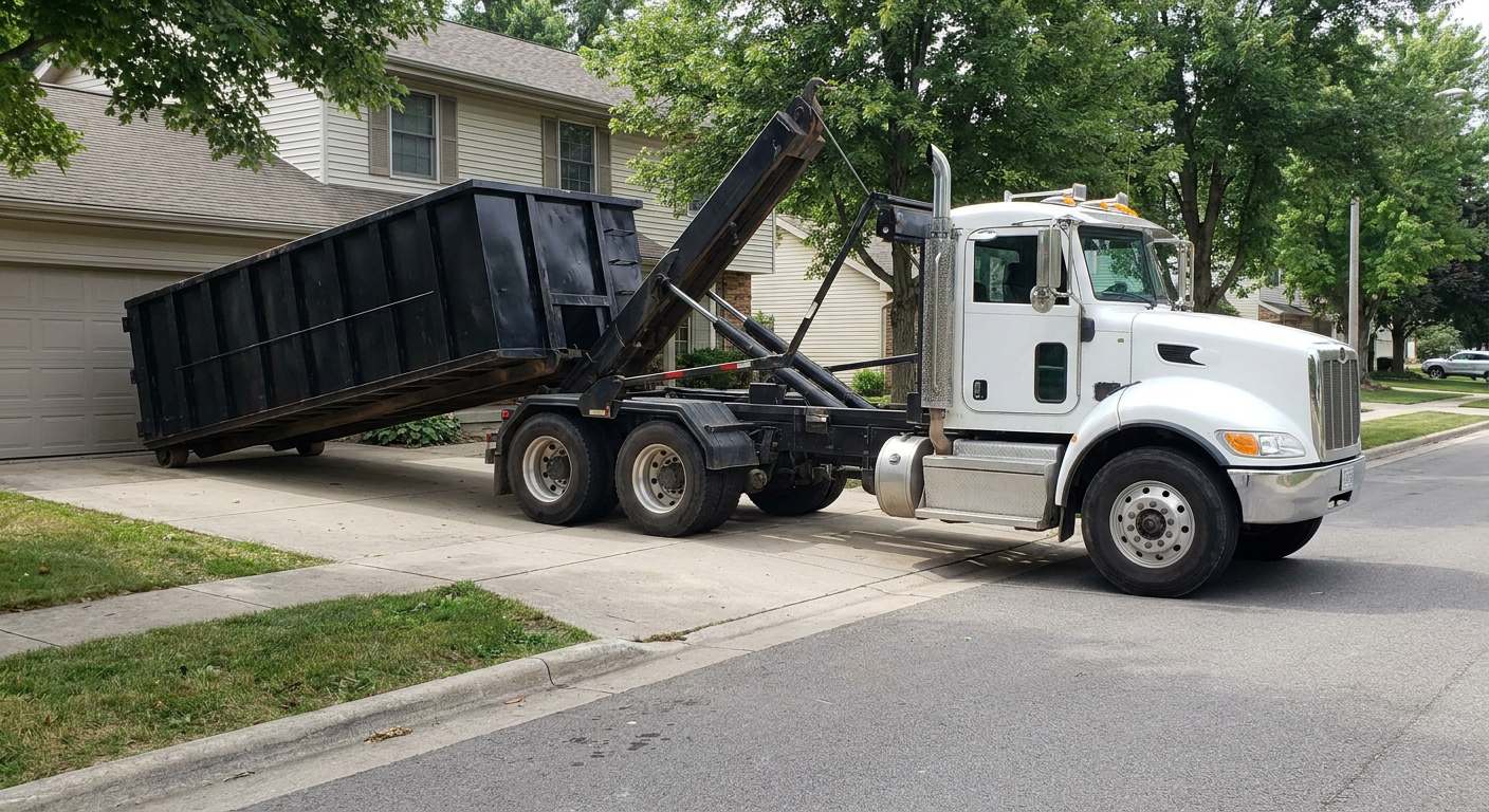 White-cab hooklift roll-off truck actively lowering a matte-black dumpster onto a Elgin residential concrete driveway, the dumpster's rear wheels touching the driveway as the hoist arm tilts the bed forward, mid-morning daylight.