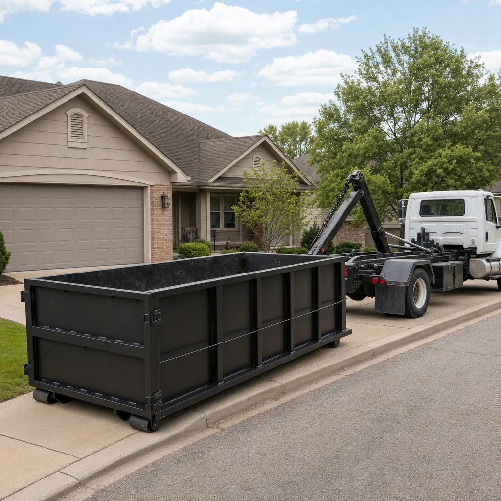Wide documentary shot of a matte-black roll-off dumpster on a Elgin residential driveway in the foreground and a contractor jobsite container in the soft-focus background, bright daylight, calm and orderly composition.