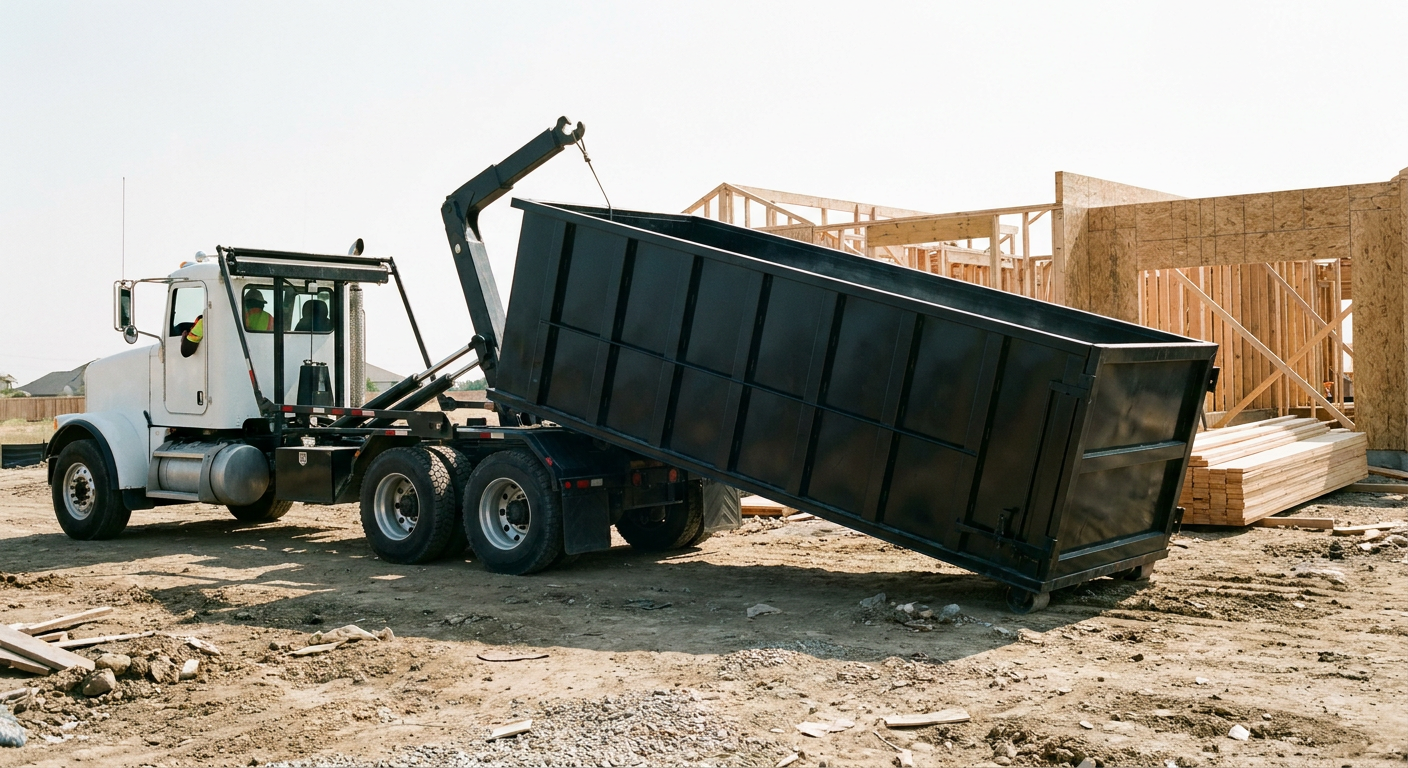 Matte-black roll-off dumpster being delivered onto a clean residential concrete driveway in Elgin by an unmarked white hooklift hauler truck, bright morning daylight, documentary 35mm perspective.